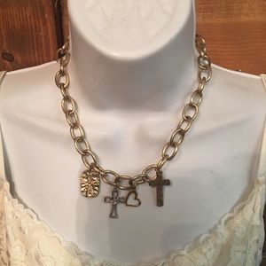 Chunky gold chain necklace cross & heart NWT